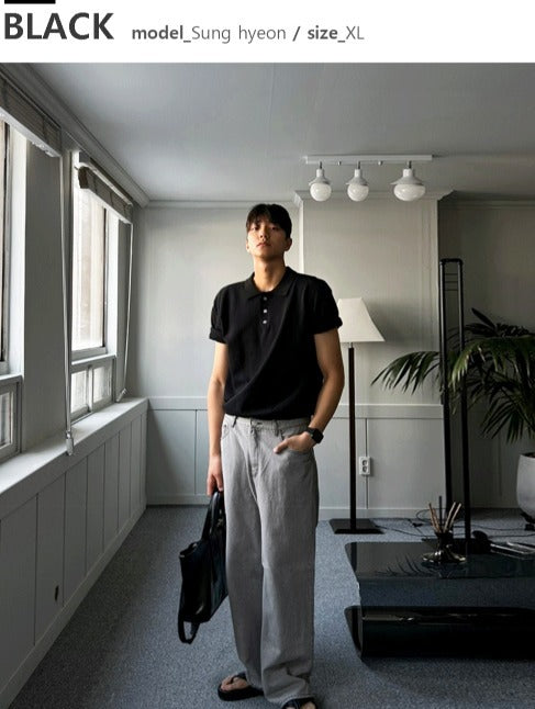 Three-Button Collar Short Sleeve Knit