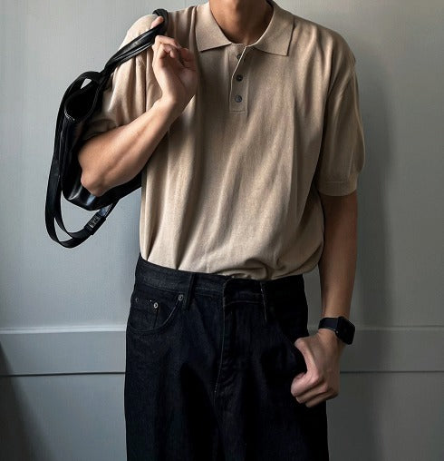 Three-Button Collar Short Sleeve Knit