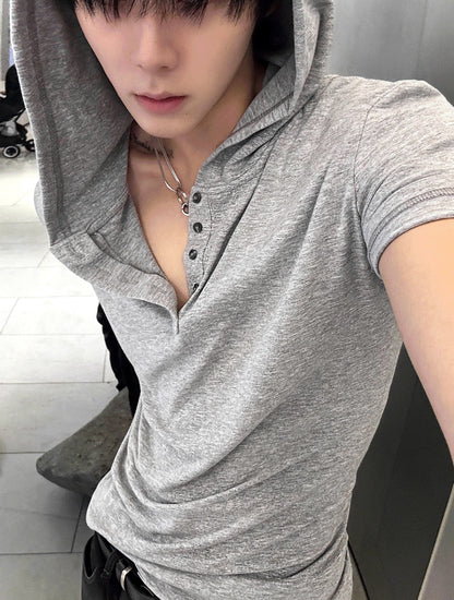 Henley Neck Short-Sleeve Hoodie