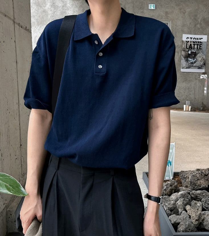 Three-Button Collar Short Sleeve Knit