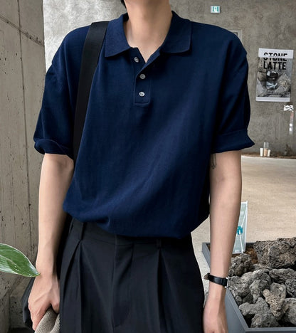 Three-Button Collar Short Sleeve Knit