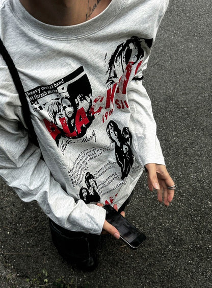 Metal printing long-sleeved loose fit T-shirt