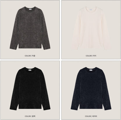 Velour Ribbed Round Neck Long Sleeve Knit Tee
