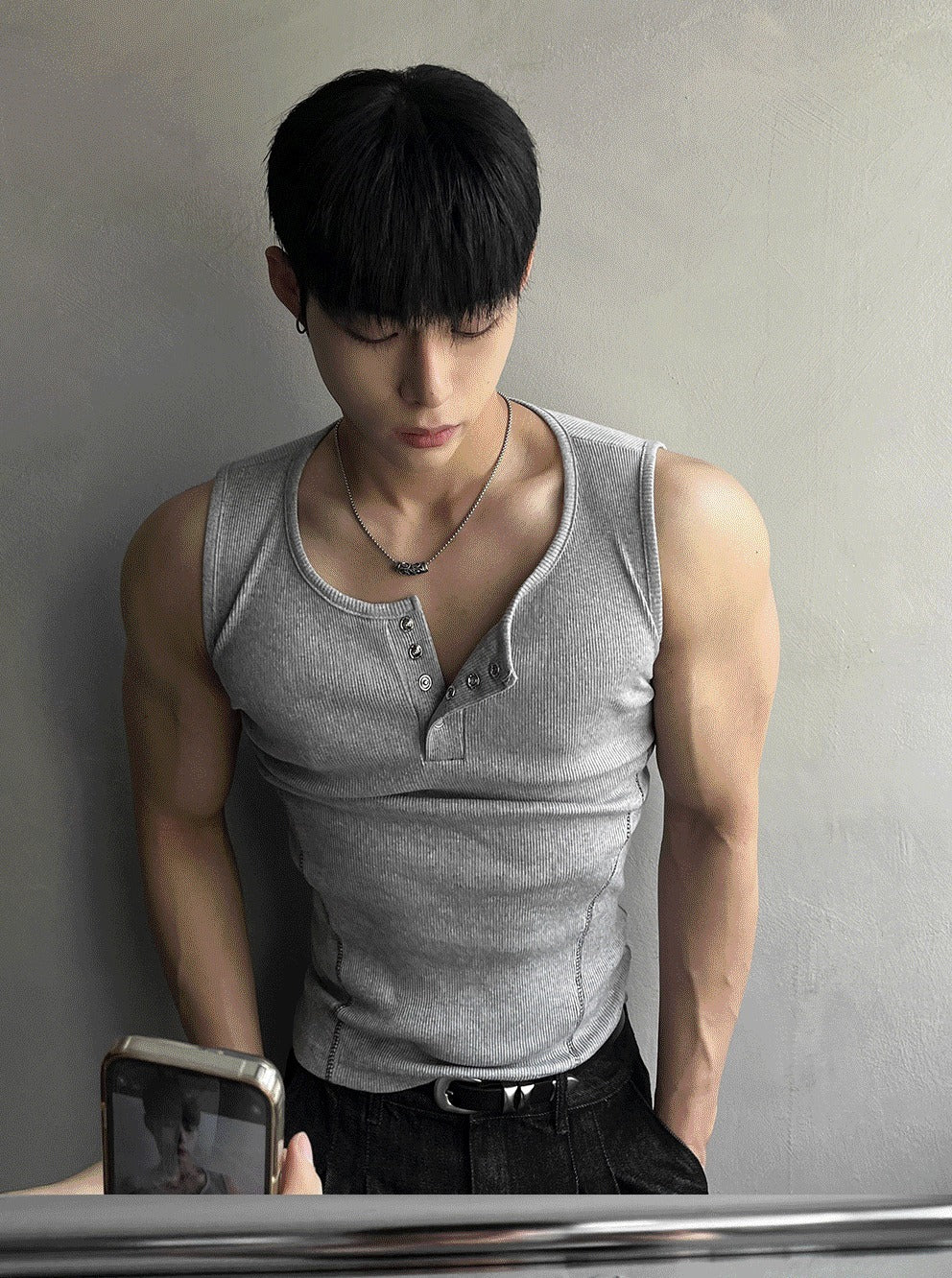 Henley Neck Side Track Muscle Fit Sleeveless