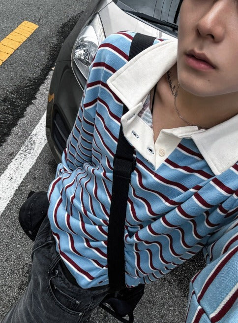 Sweat collar striped sweatshirt