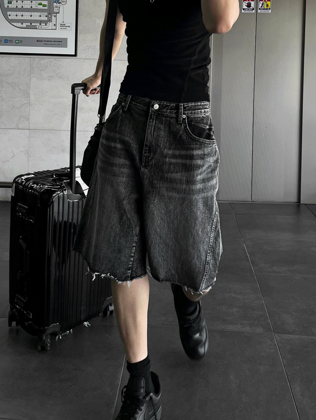 Black Washed Denim Bermuda Shorts Pants