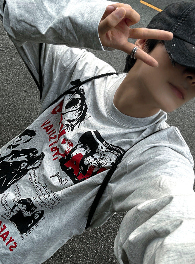 Metal printing long-sleeved loose fit T-shirt