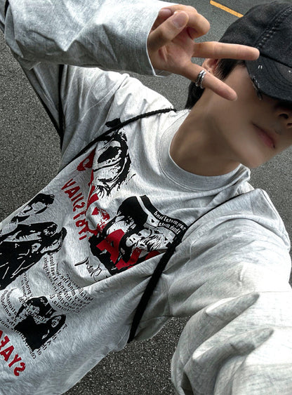 Metal printing long-sleeved loose fit T-shirt