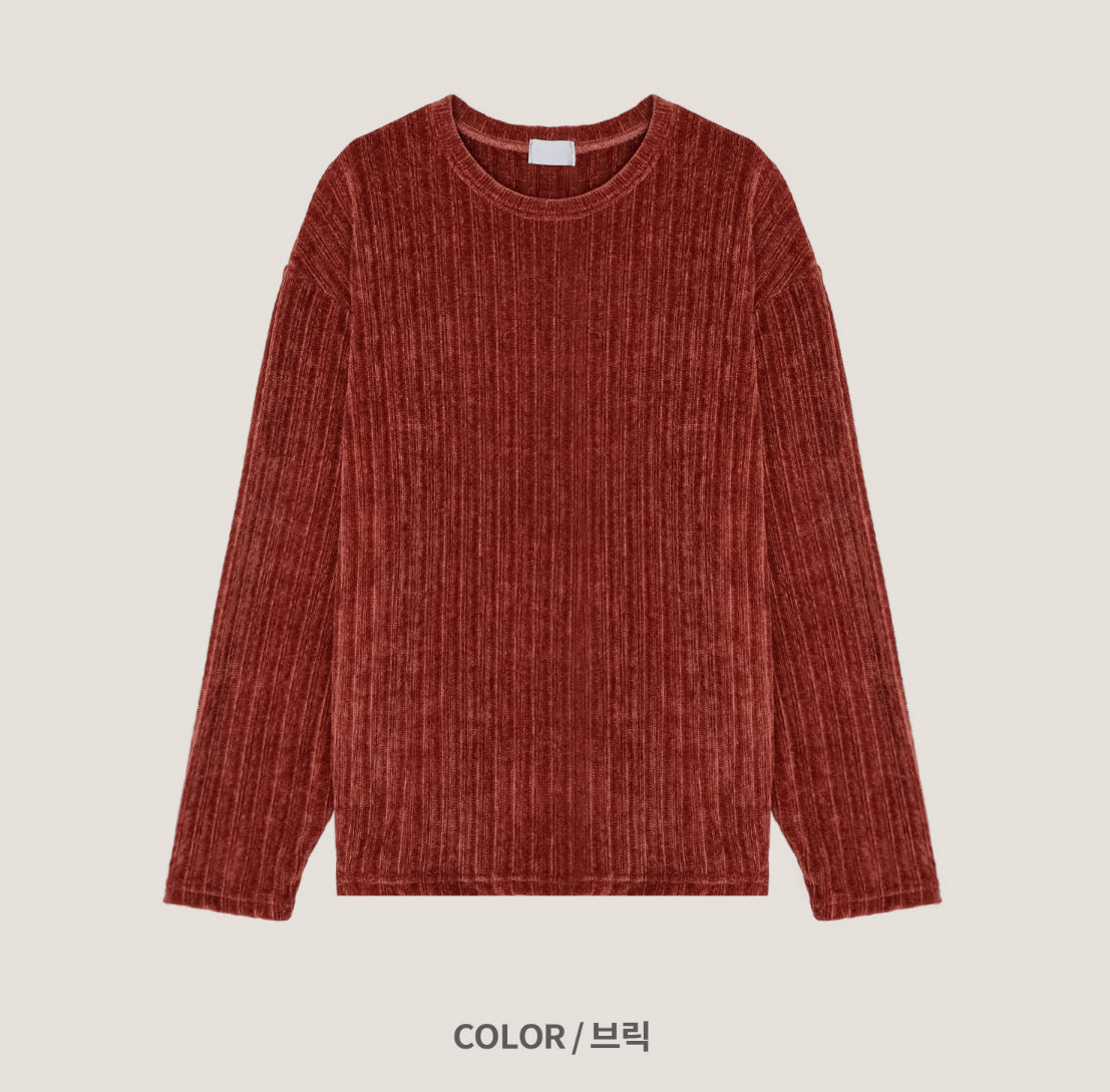 Velour Ribbed Round Neck Long Sleeve Knit Tee