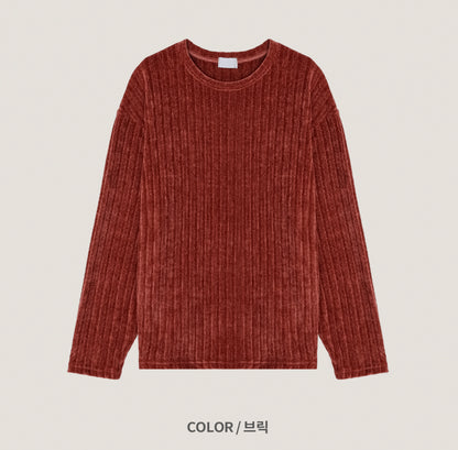 Velour Ribbed Round Neck Long Sleeve Knit Tee