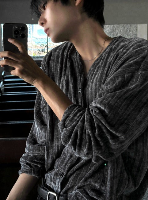 Velour Ribbed V-Neck Cardigan 4color