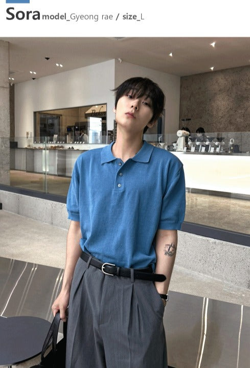 Three-Button Collar Short Sleeve Knit