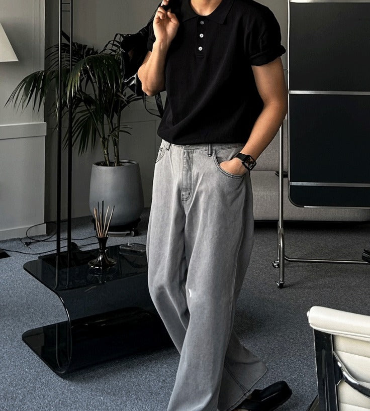 Three-Button Collar Short Sleeve Knit