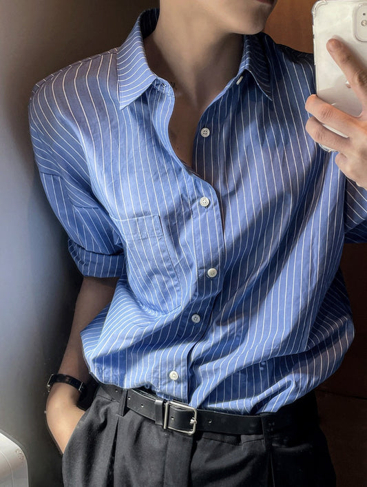 vintage blue stripe short-sleeved shirt