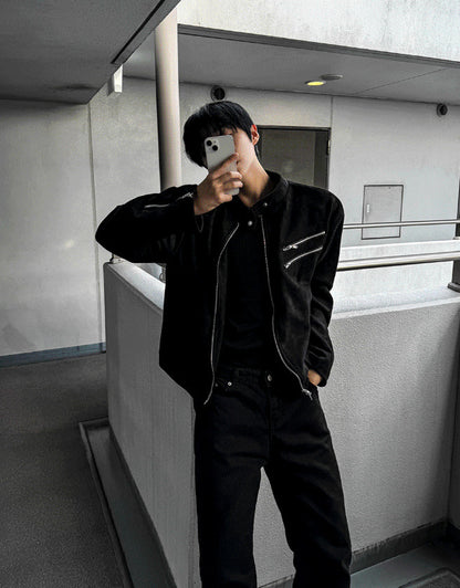 Dutzby Double Zipper Tweed Suede Biker Jacket