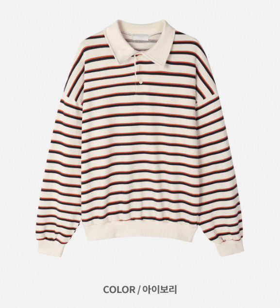 Sweat collar striped sweatshirt