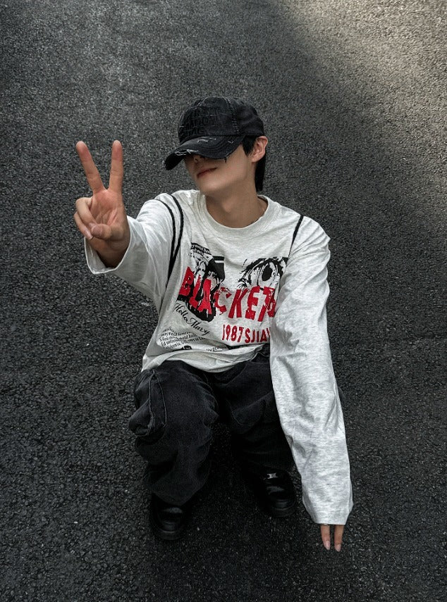 Metal printing long-sleeved loose fit T-shirt