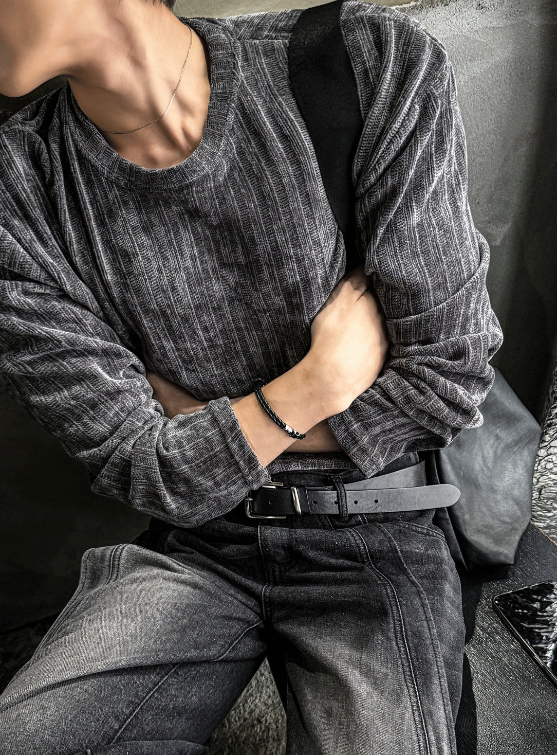 Velour Ribbed Round Neck Long Sleeve Knit Tee