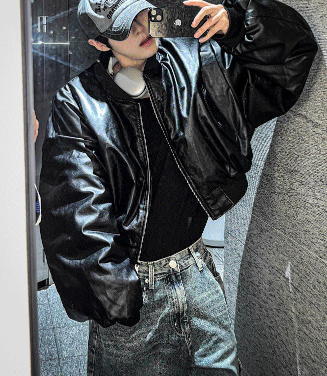Dominic Vegan Leather Cropped Bomber Jacket