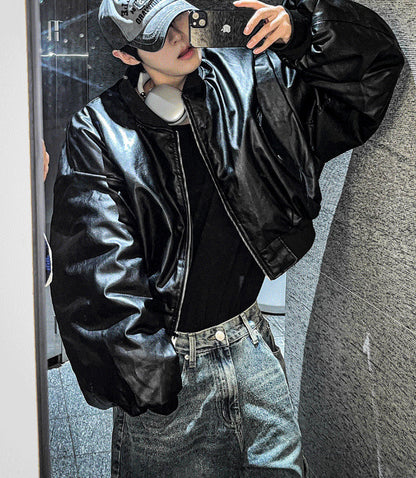 Dominic Vegan Leather Cropped Bomber Jacket