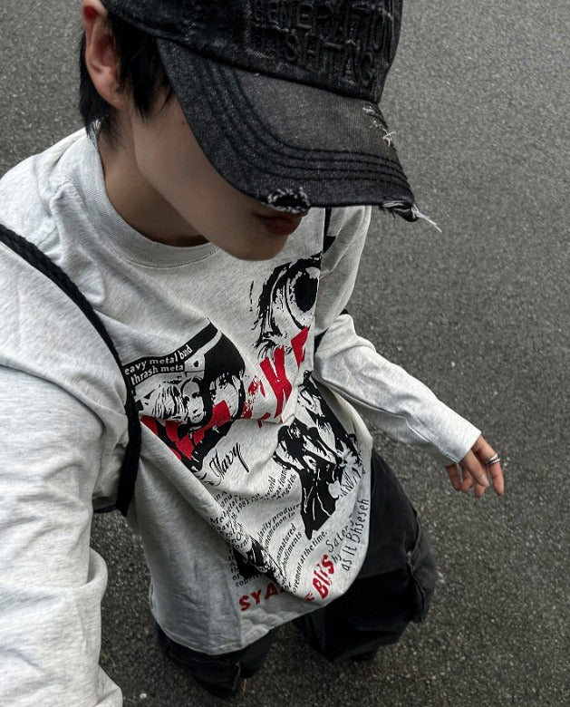 Metal printing long-sleeved loose fit T-shirt