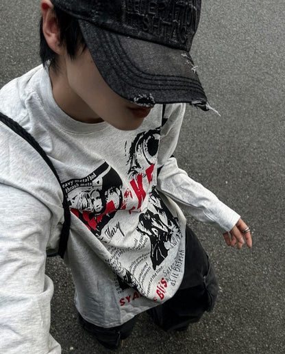 Metal printing long-sleeved loose fit T-shirt