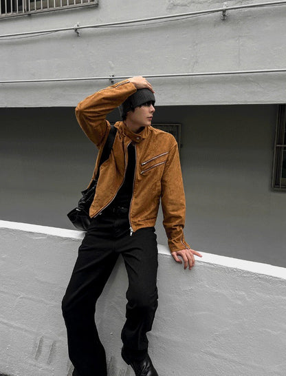 Dutzby Double Zipper Tweed Suede Biker Jacket