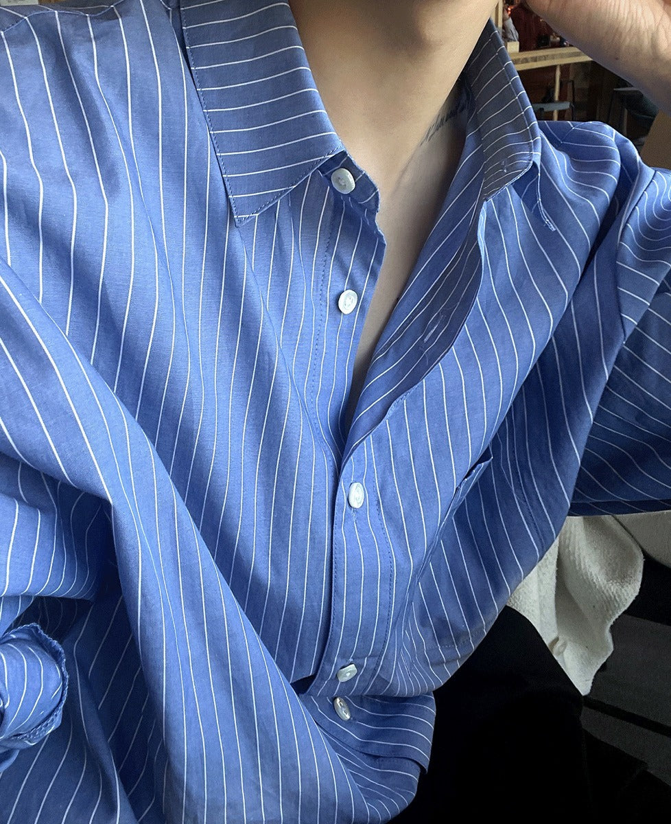 vintage blue stripe short-sleeved shirt