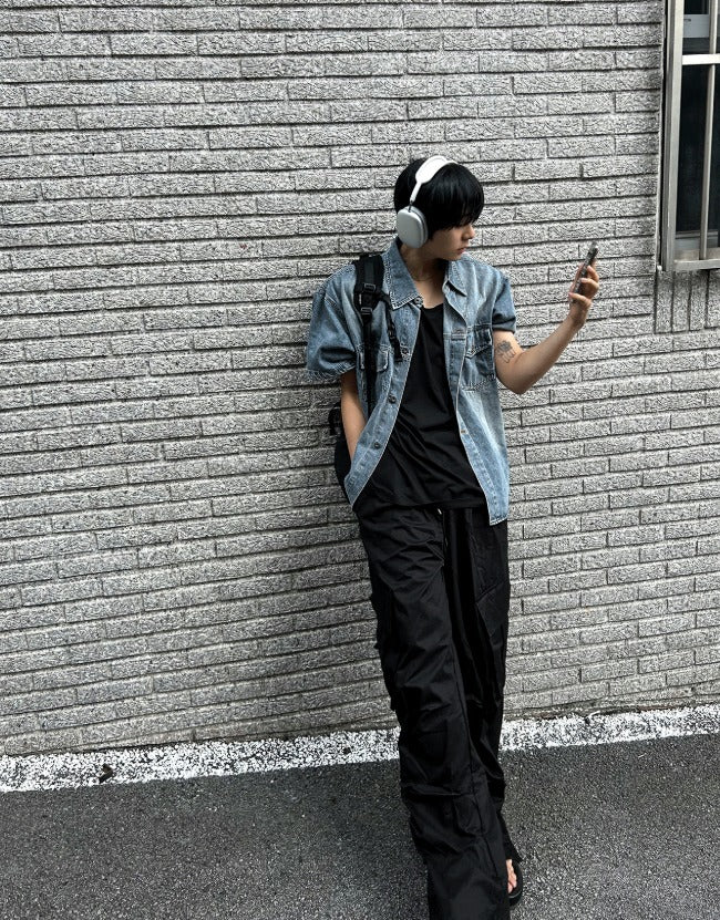 jacquard short-sleeved denim jacket