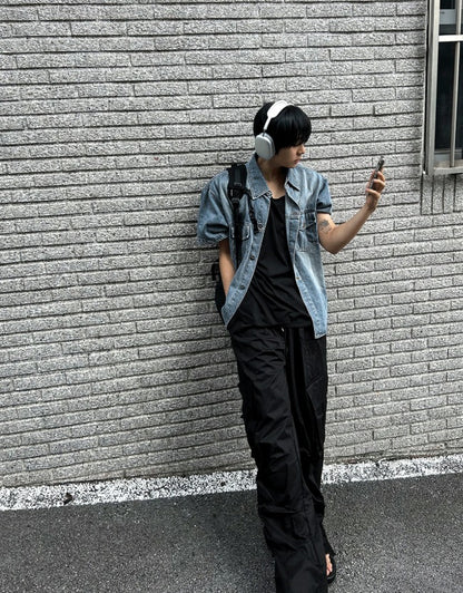 jacquard short-sleeved denim jacket