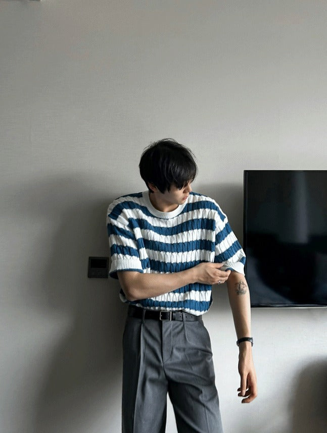 Baron Cable Stripe Short Sleeve Knit