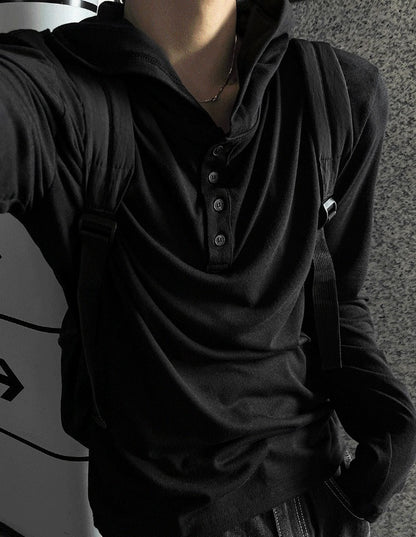 Henley Neck Hood Long-sleeve