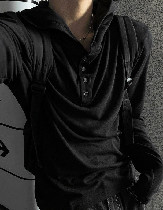 Henley Neck Hood Long-sleeve