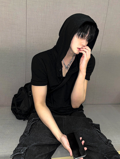 Henley Neck Short-Sleeve Hoodie