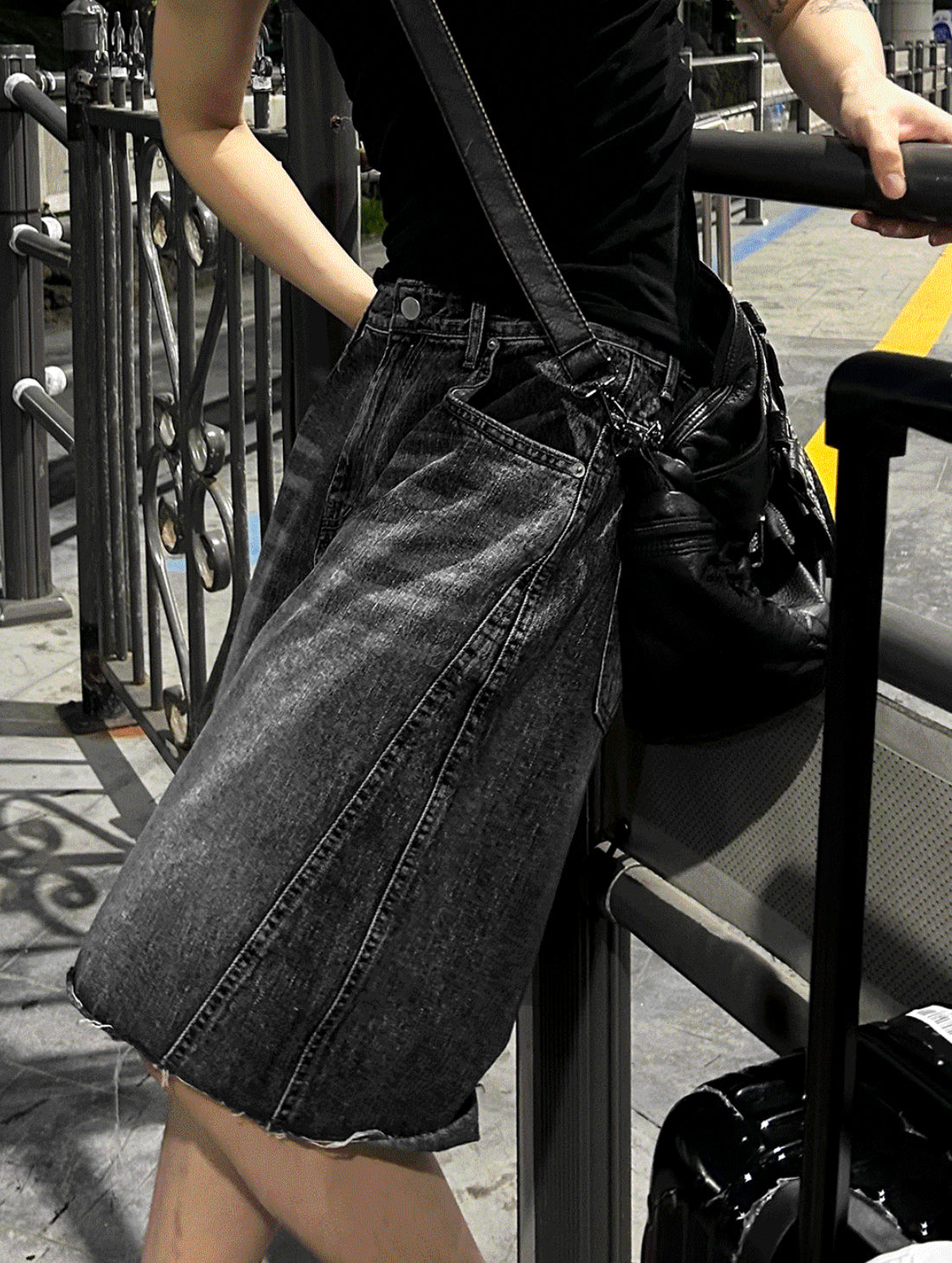 Black Washed Denim Bermuda Shorts Pants