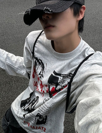 Metal printing long-sleeved loose fit T-shirt