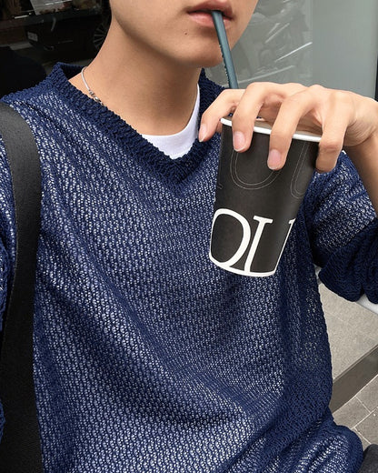 Oversized V-Neck Mesh Knit