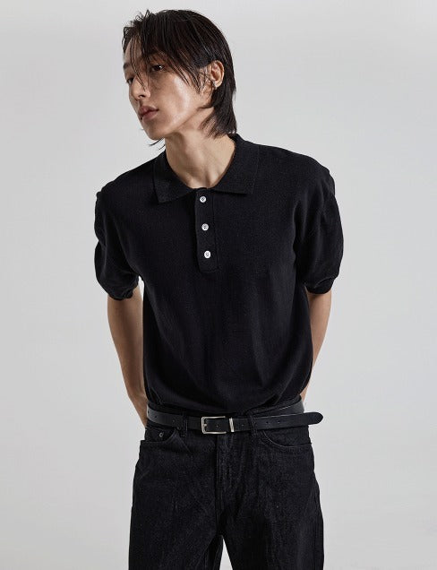 Three-Button Collar Short Sleeve Knit