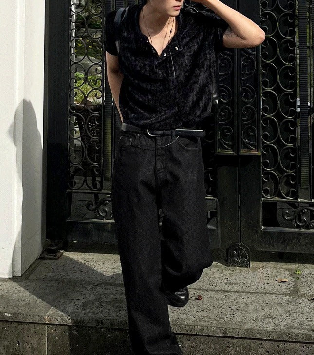 velour corduroy henly-neck short sleeve knit