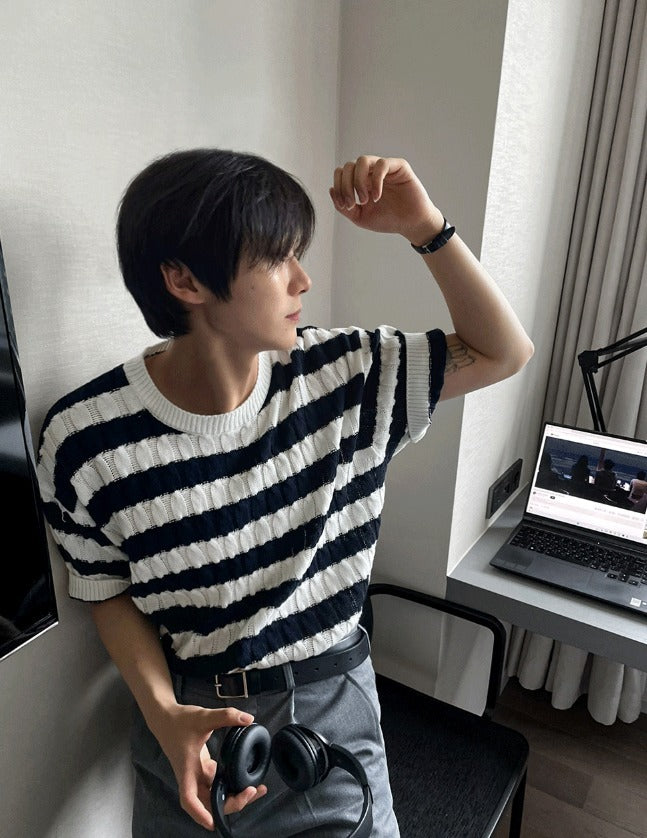 Baron Cable Stripe Short Sleeve Knit