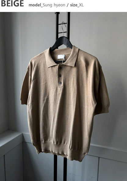 Three-Button Collar Short Sleeve Knit