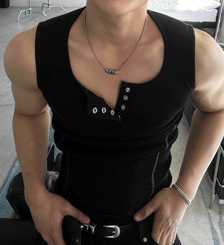 Henley Neck Side Track Muscle Fit Sleeveless