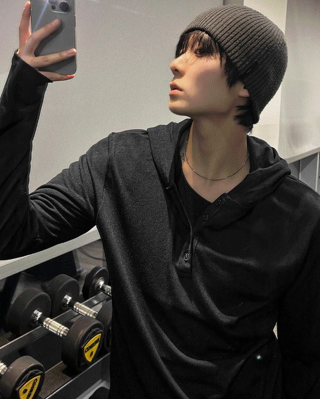 Henley Neck Hood Long-sleeve