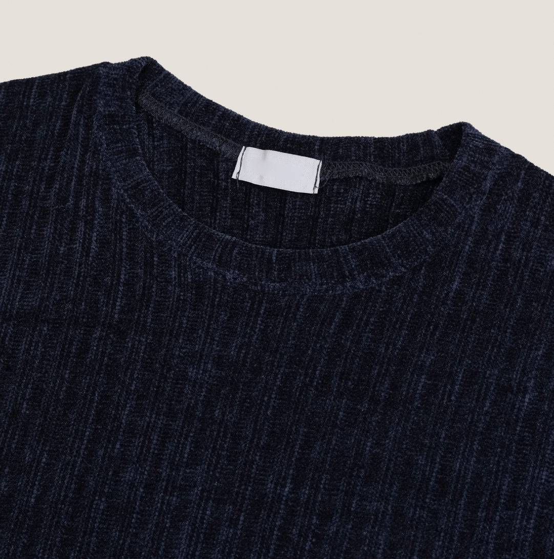 Velour Ribbed Round Neck Long Sleeve Knit Tee