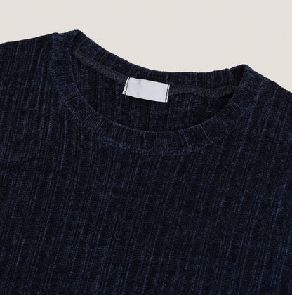 Velour Ribbed Round Neck Long Sleeve Knit Tee