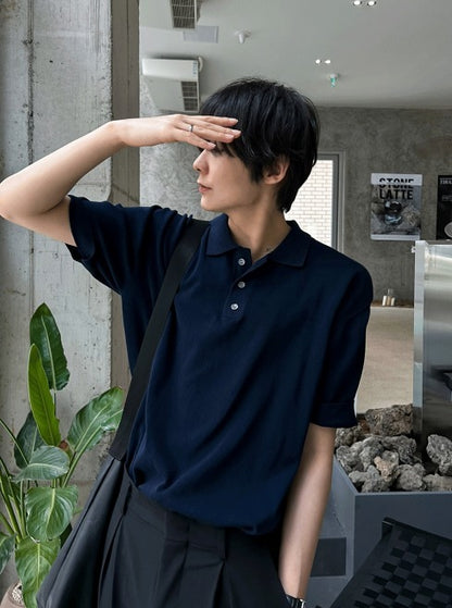 Three-Button Collar Short Sleeve Knit