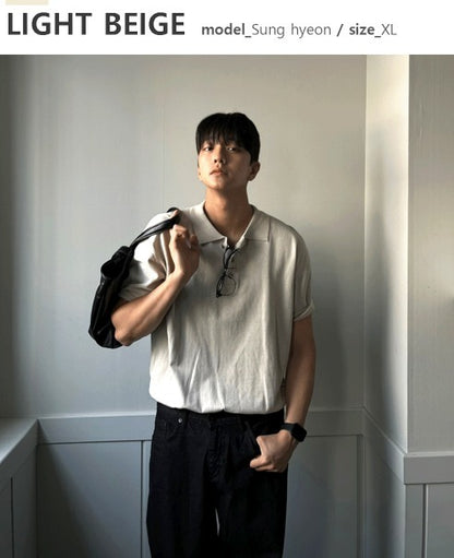 Three-Button Collar Short Sleeve Knit