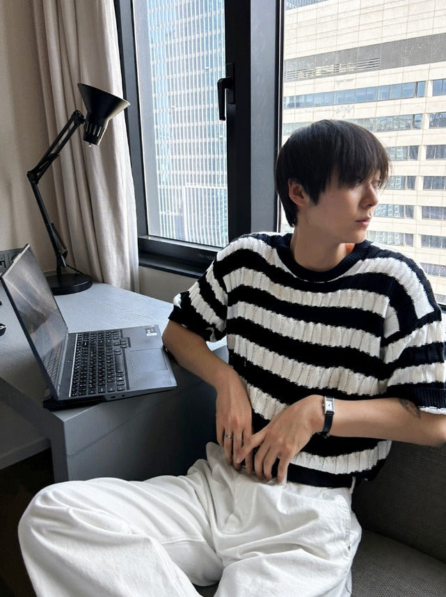 Baron Cable Stripe Short Sleeve Knit