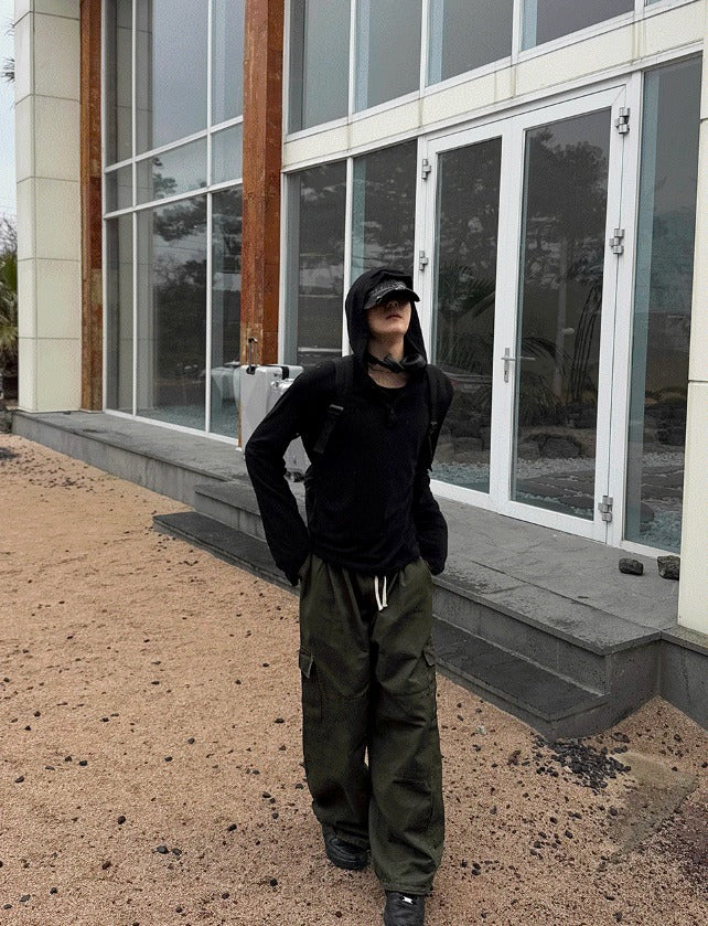 Henley Neck Hood Long-sleeve