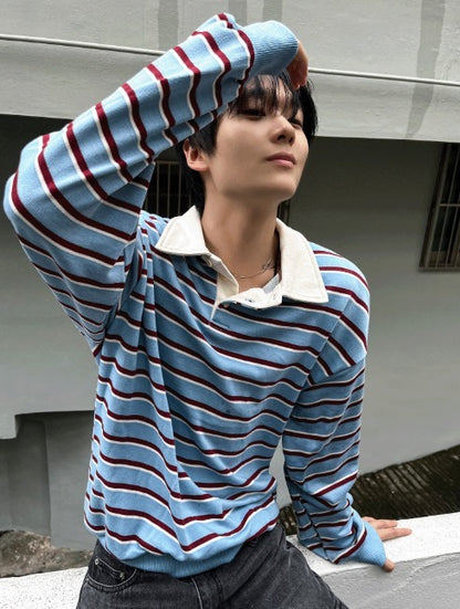 Sweat collar striped sweatshirt